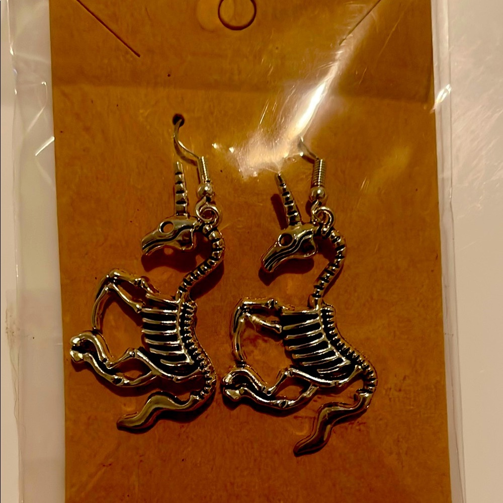 Silver Skeleton Unicorn Earrings